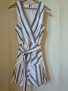 Ted Baker Aliice Diagonal Stripe Linen-Blend Belted Mini Dress | Size 1 (US 4)